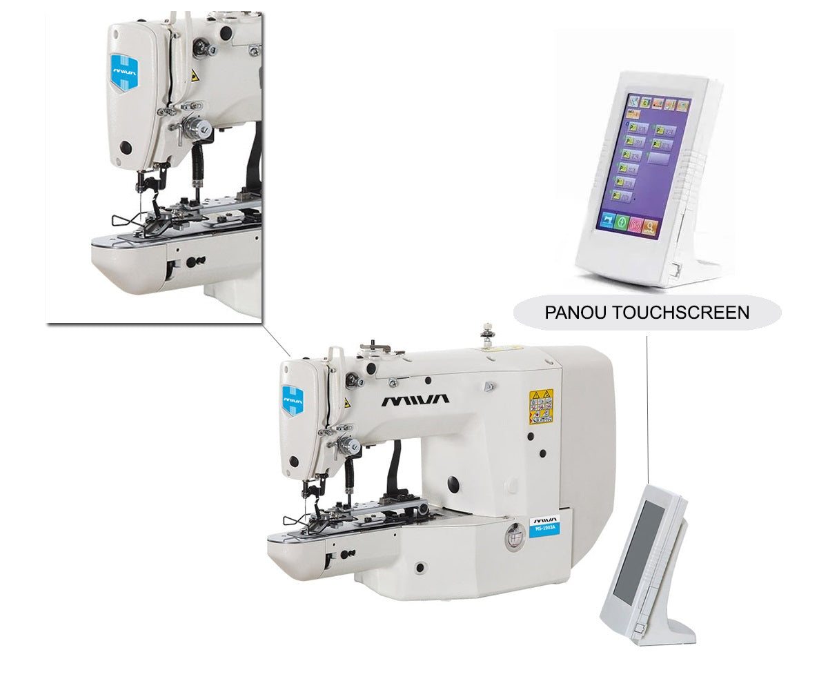 MS-1903A MIVA - Mașină de cusut Industrială, electronică programabilă, specială pentru aplicarea nasturilor plați, cu 3 cleme pentru funcții de aplicare nasturi, cheițe și cusătură câmp liber, motor direct drive