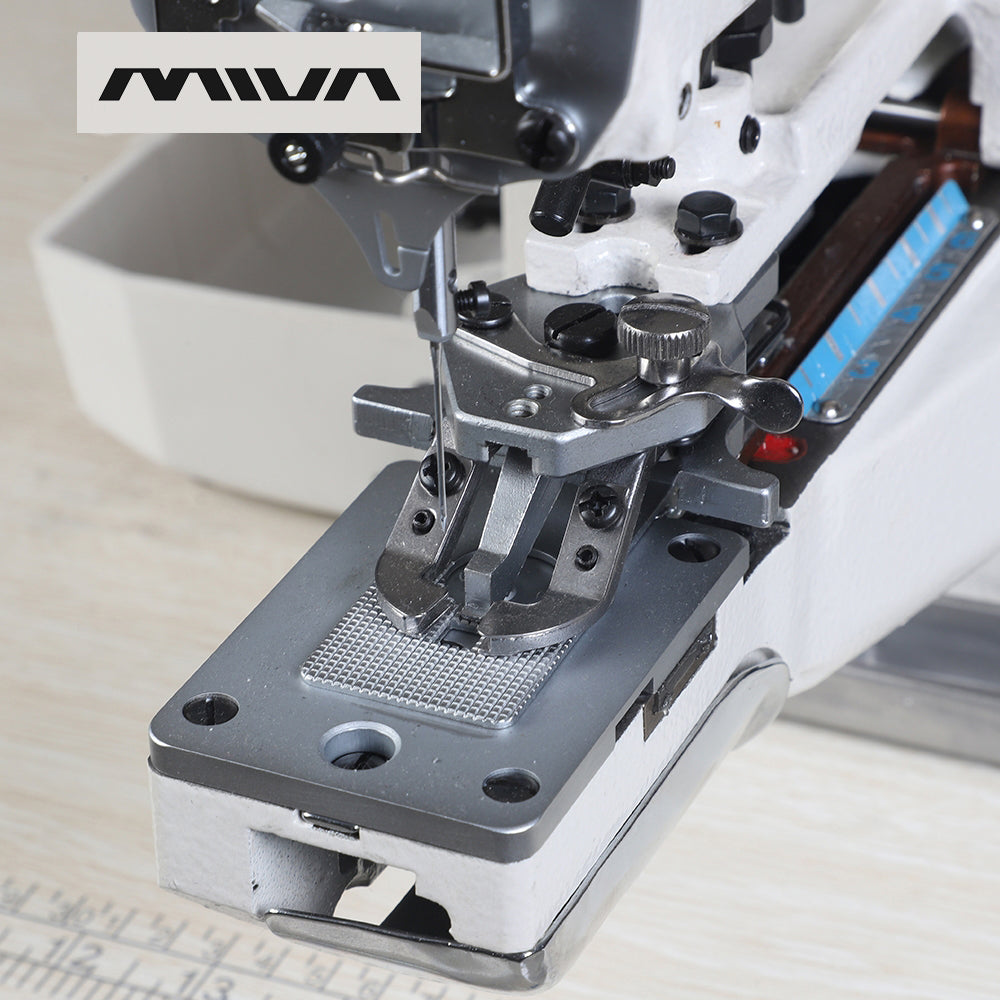 MS-1903A MIVA - Mașină de cusut Industrială, electronică programabilă, specială pentru aplicarea nasturilor plați, cu 3 cleme pentru funcții de aplicare nasturi, cheițe și cusătură câmp liber, motor direct drive