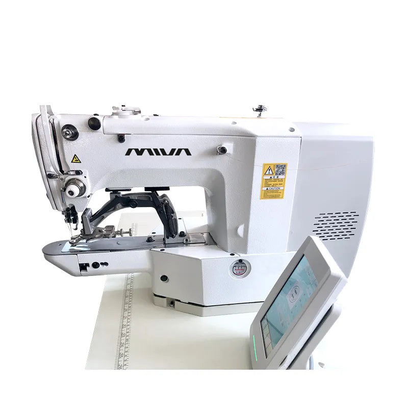 MS-1903A MIVA - Mașină de cusut Industrială, electronică programabilă, specială pentru aplicarea nasturilor plați, cu 3 cleme pentru funcții de aplicare nasturi, cheițe și cusătură câmp liber, motor direct drive